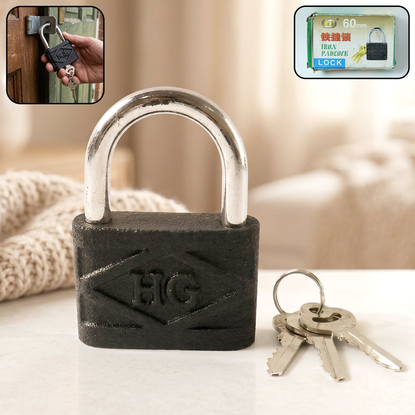 Heavy Duty 60mm Iron Pad Lock with 3 Keys