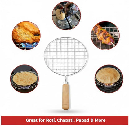 Kitchen Round Stainless Steel Roaster Papad Jali, Barbecue Grill with Wooden Handle