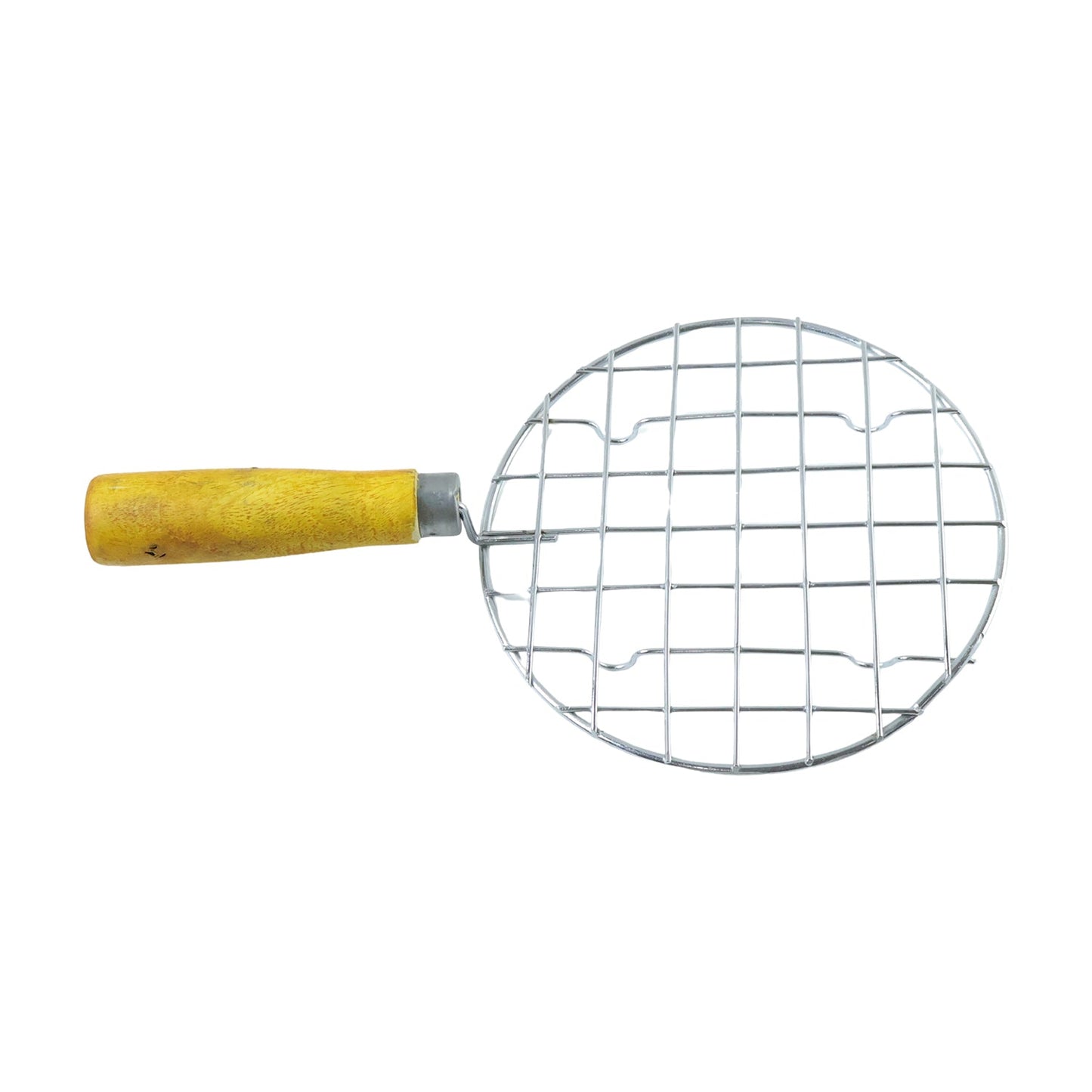 Kitchen Round Stainless Steel Roaster Papad Jali, Barbecue Grill with Wooden Handle