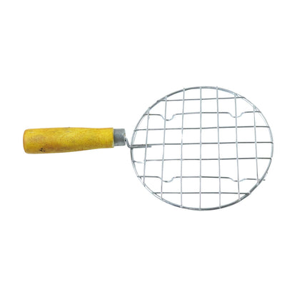 Kitchen Round Stainless Steel Roaster Papad Jali, Barbecue Grill with Wooden Handle